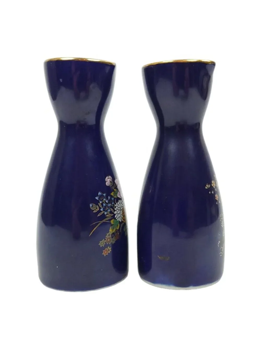 Japanese Kutani Style Cobalt Blue Ceramic Sake Carafe Set Flower Vintage Japan
